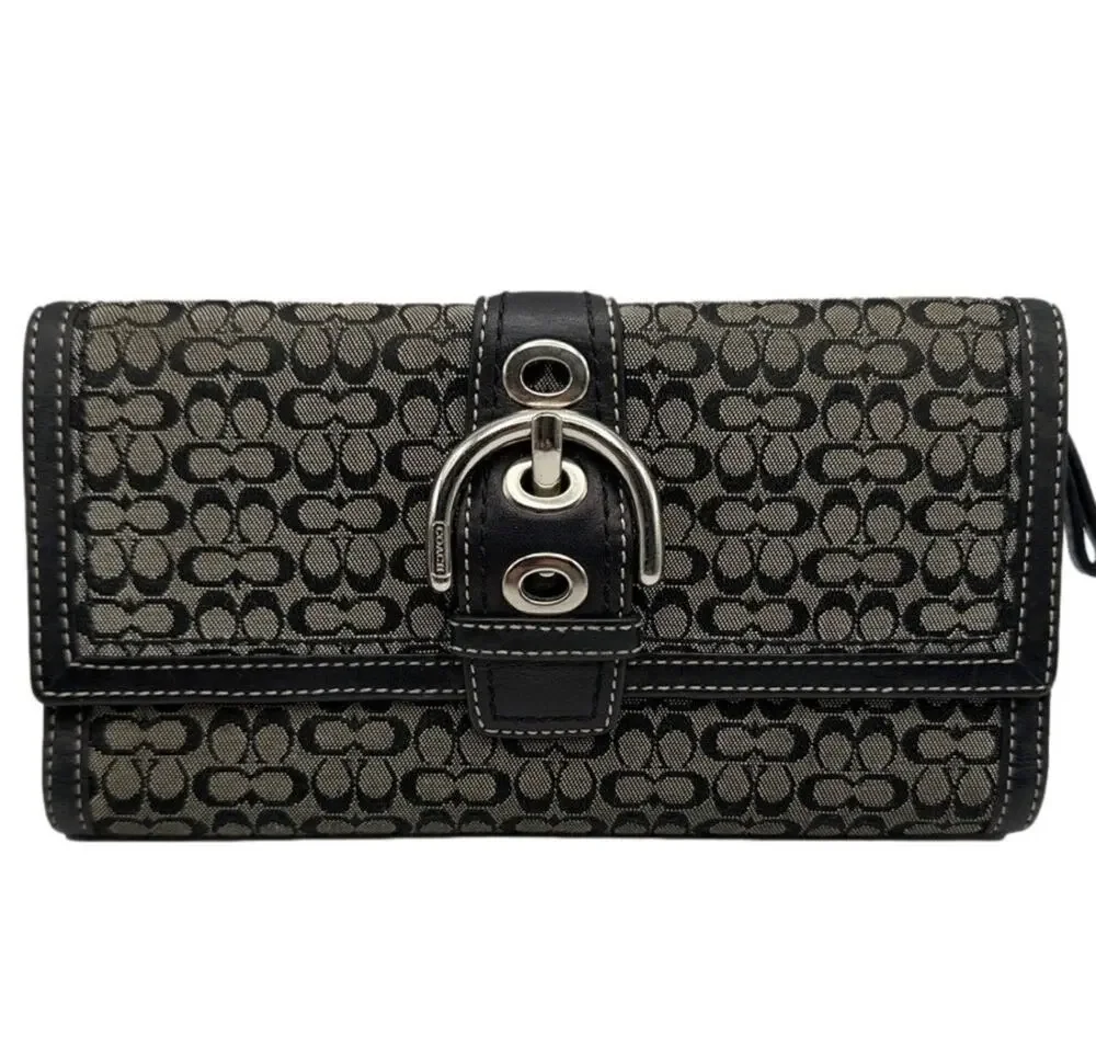 Vintage COACH y2k Soho Black  Gray Buckle Signature Canvas Wallet
